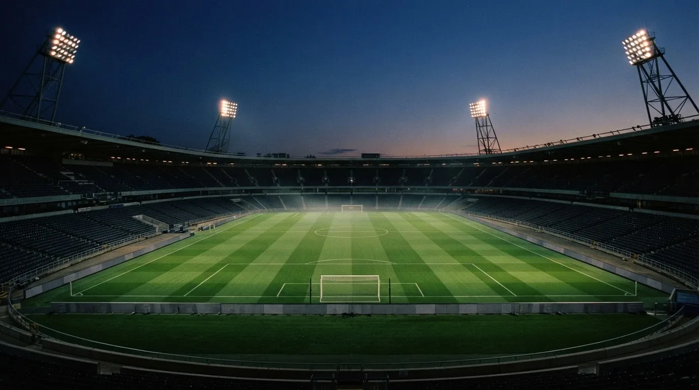 An empty football stadium with floodlight masts at dusk