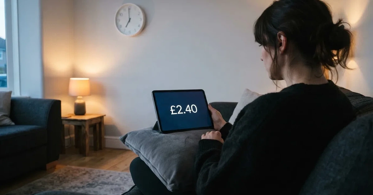 A person on a sofa looking thoughtfully at a tablet, a wall clock in the background