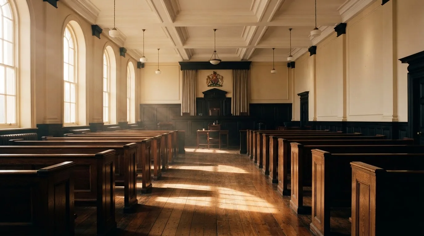 An empty courtroom with wooden benches in morning light