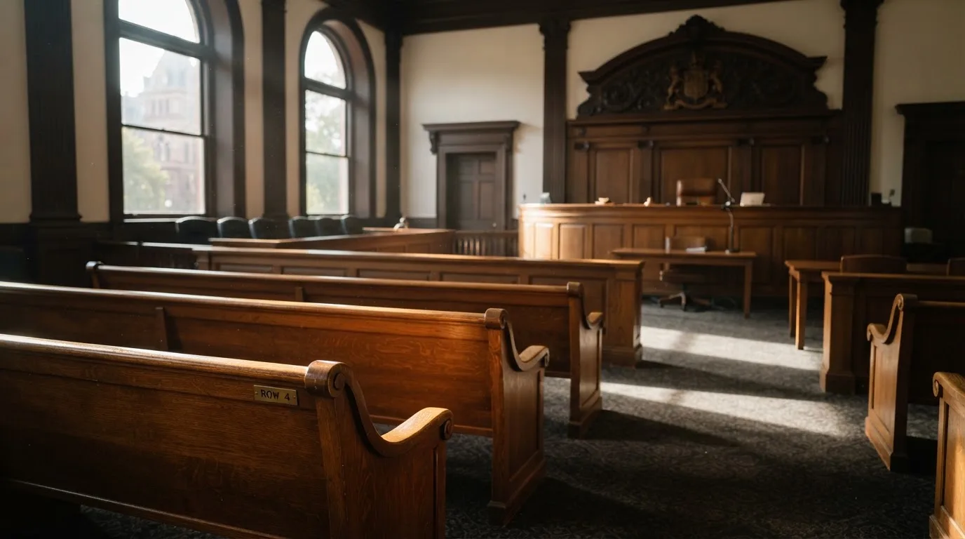 An empty courtroom with wooden benches in morning light