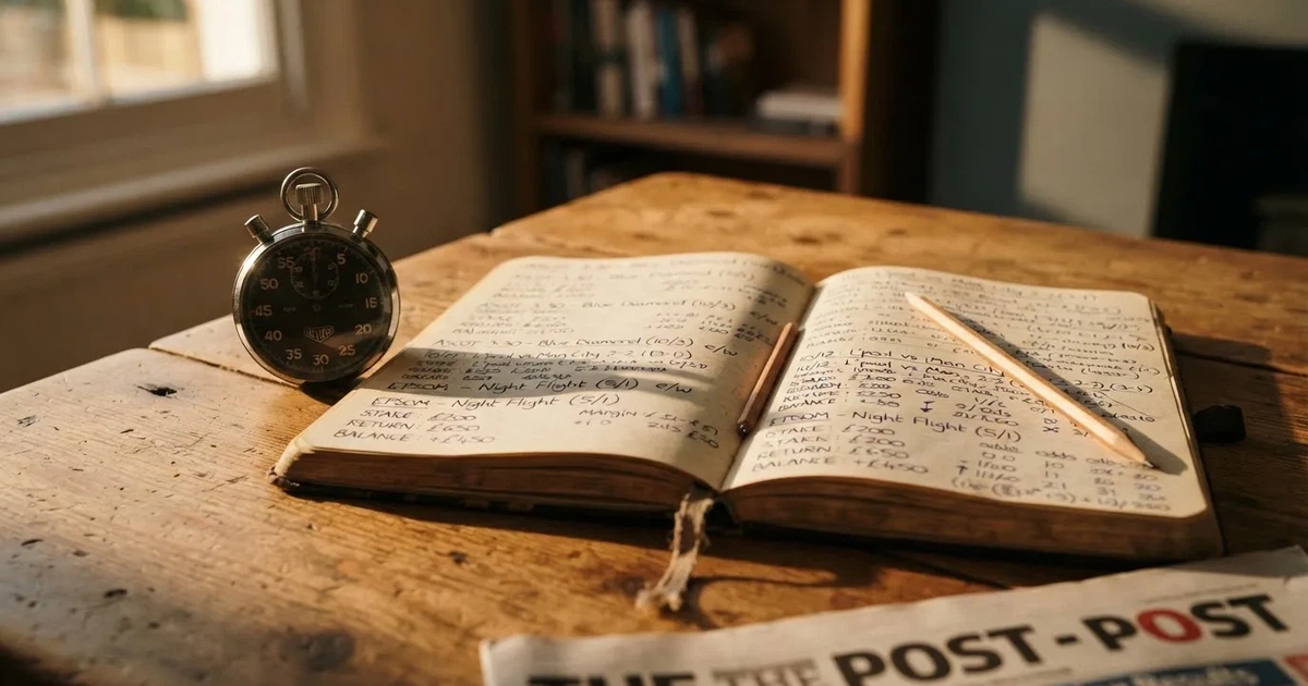 An open notebook with a pencil and a stopwatch on a wooden table