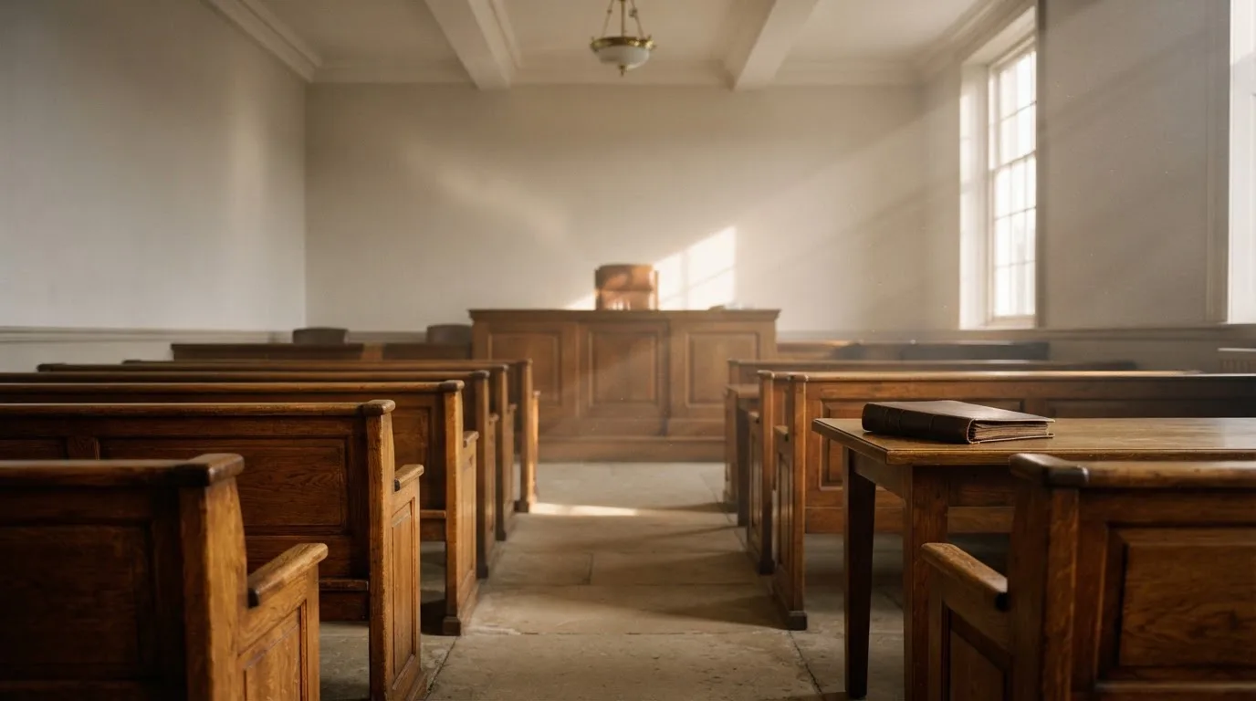 An empty courtroom with wooden benches in morning light