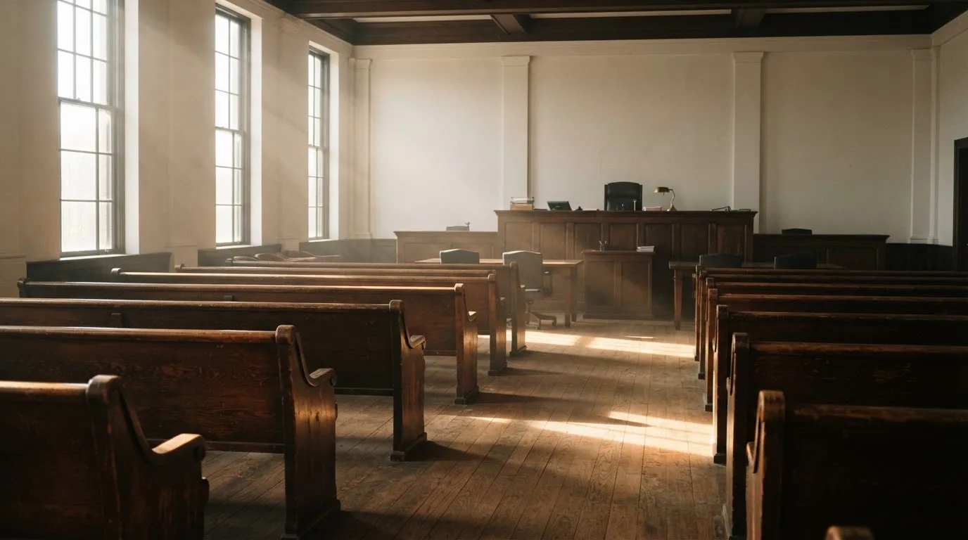 An empty courtroom with wooden benches in morning light