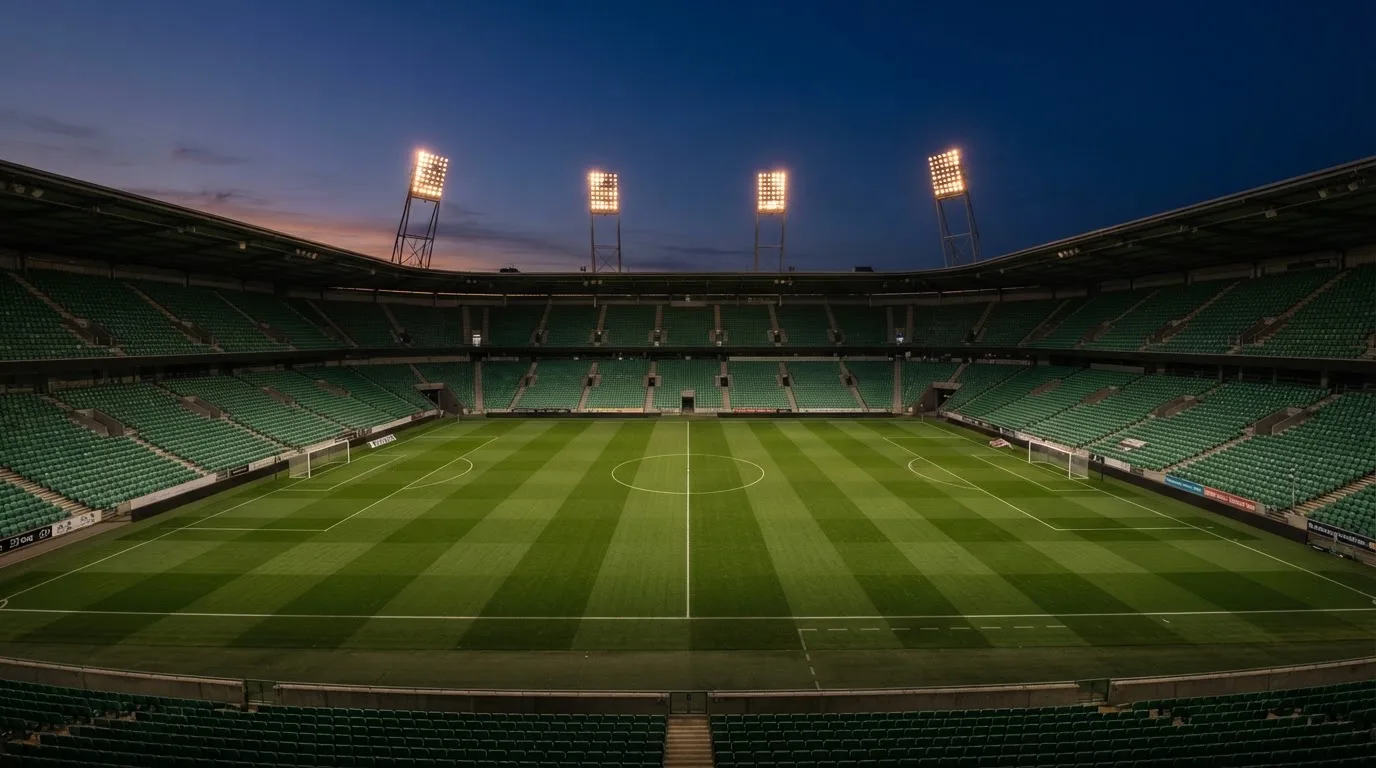 An empty football stadium with floodlight masts at dusk