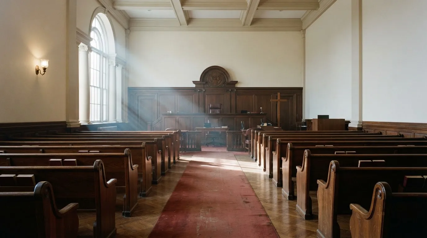 An empty courtroom with wooden benches in morning light