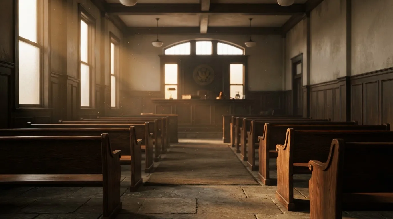 An empty courtroom with wooden benches in morning light