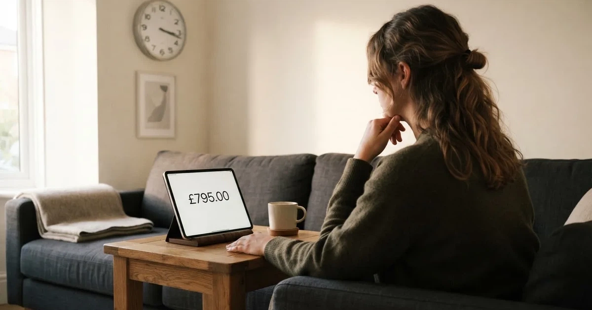 A person on a sofa looking thoughtfully at a tablet, a wall clock in the background