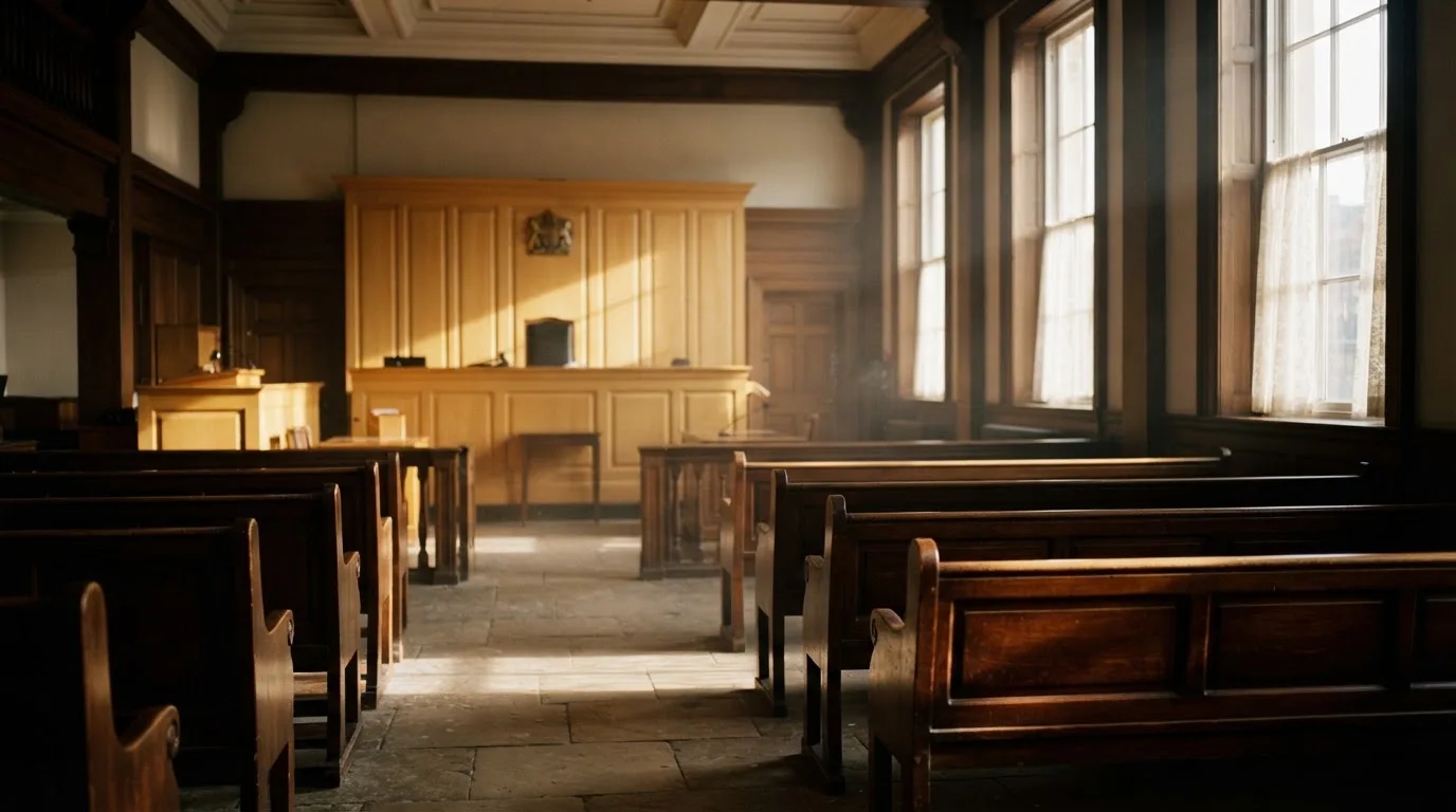 An empty courtroom with wooden benches in morning light
