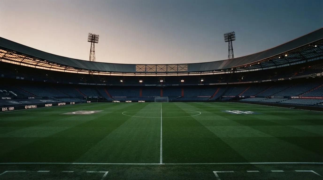 An empty football stadium with floodlight masts at dusk