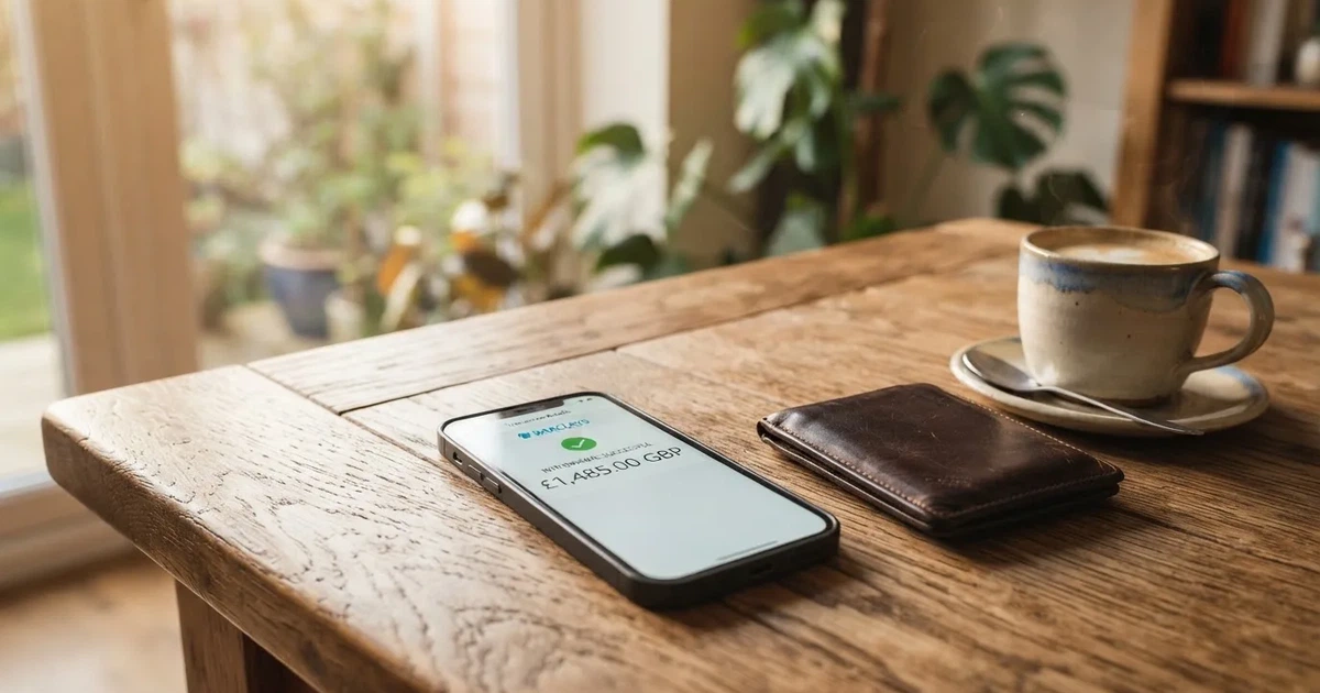 A smartphone on a wooden table beside a wallet and a coffee cup