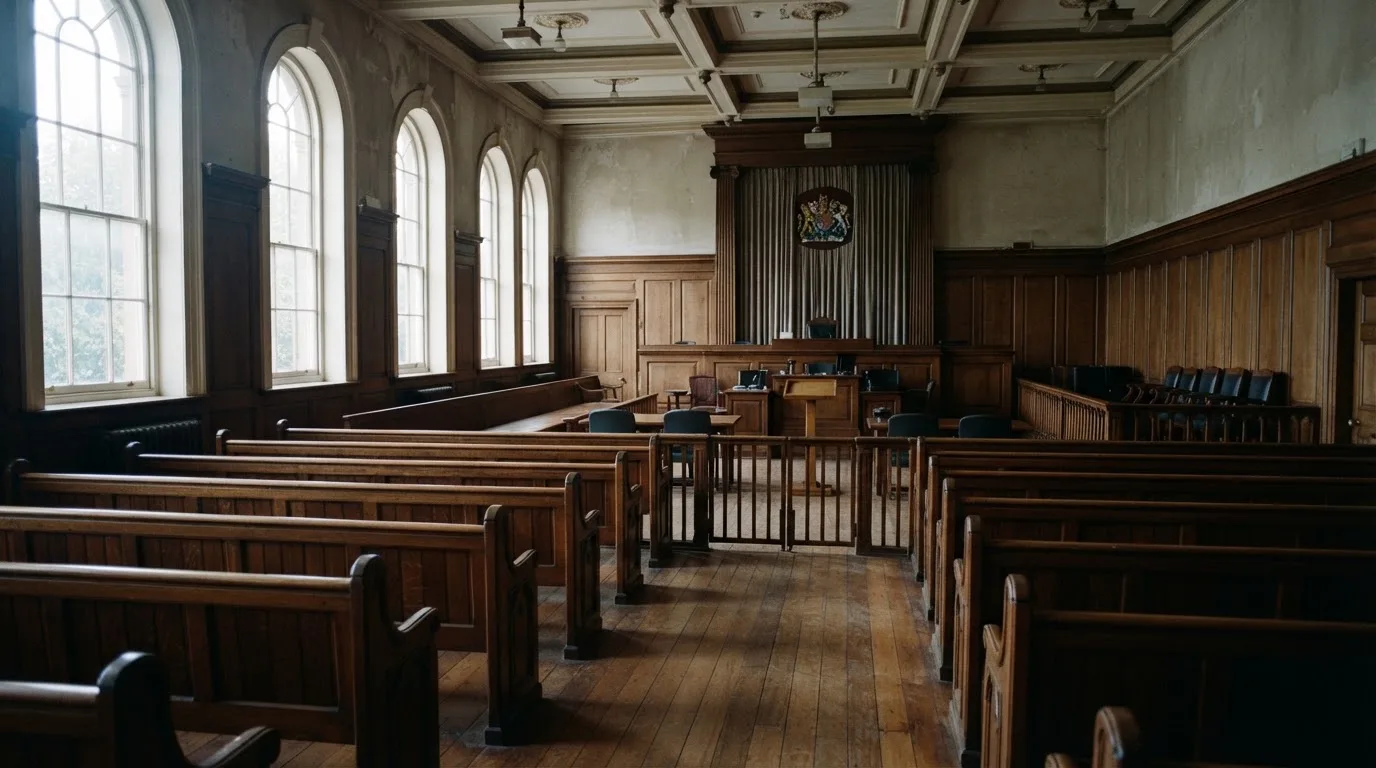 An empty courtroom with wooden benches in morning light