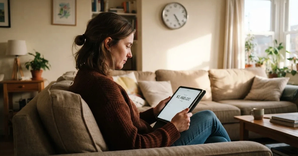 A person on a sofa looking thoughtfully at a tablet, a wall clock in the background