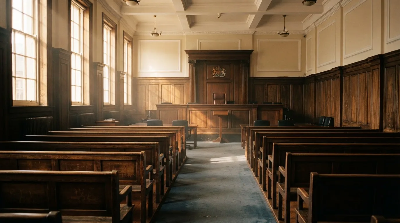 An empty courtroom with wooden benches in morning light