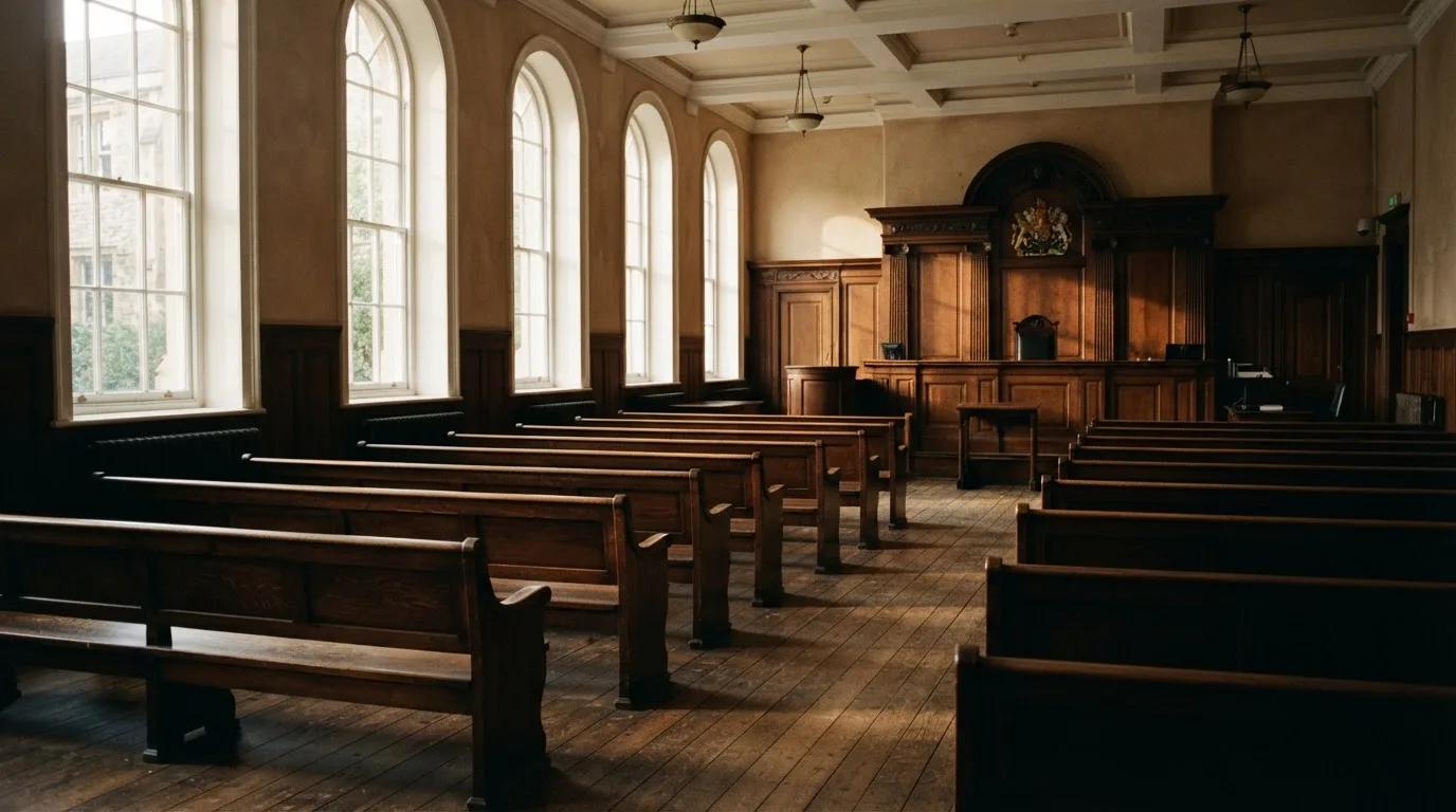 An empty courtroom with wooden benches in morning light