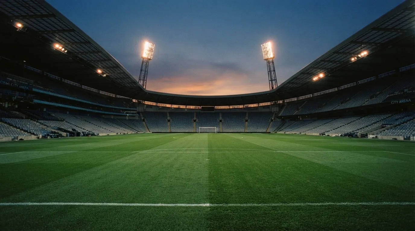 An empty football stadium with floodlight masts at dusk