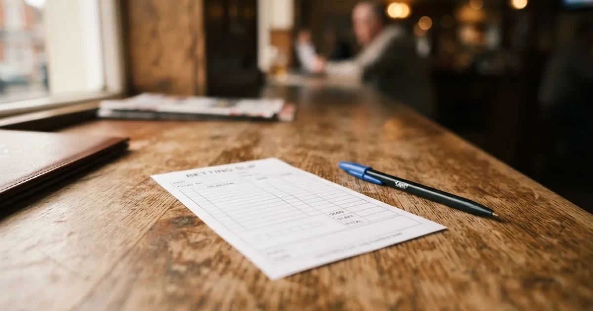 A blank paper betting slip beside a pen on a wooden counter