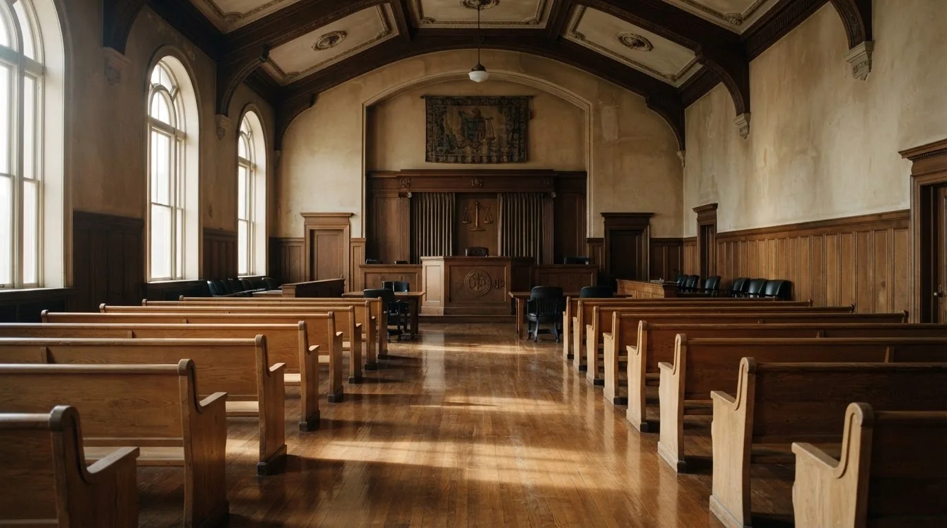 An empty courtroom with wooden benches in morning light