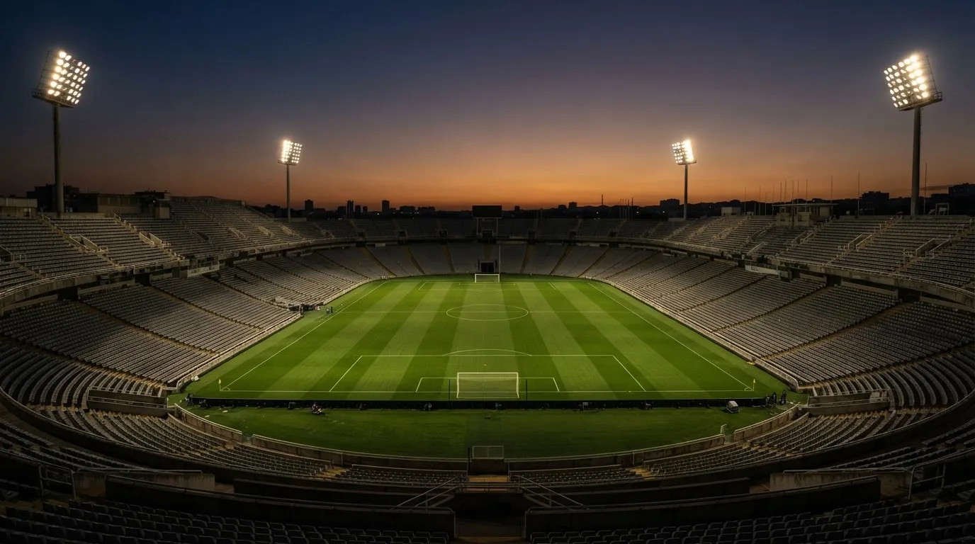 An empty football stadium with floodlight masts at dusk
