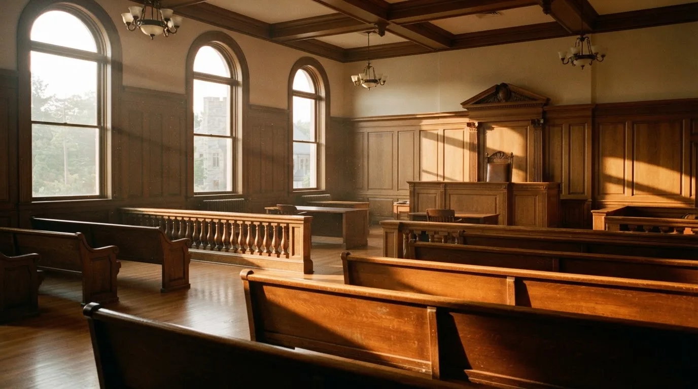 An empty courtroom with wooden benches in morning light