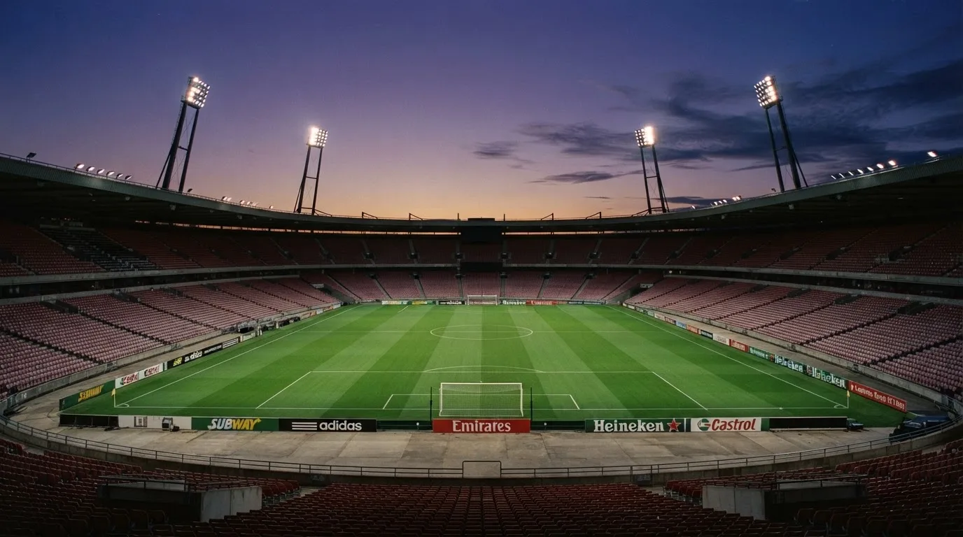 An empty football stadium with floodlight masts at dusk