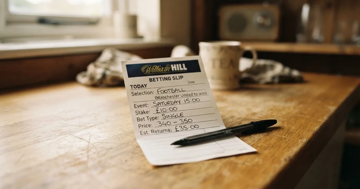 A blank paper betting slip beside a pen on a wooden counter