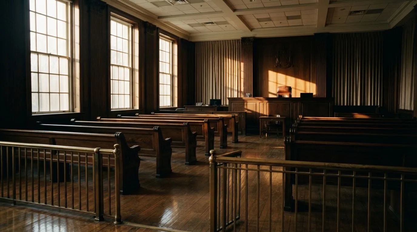 An empty courtroom with wooden benches in morning light