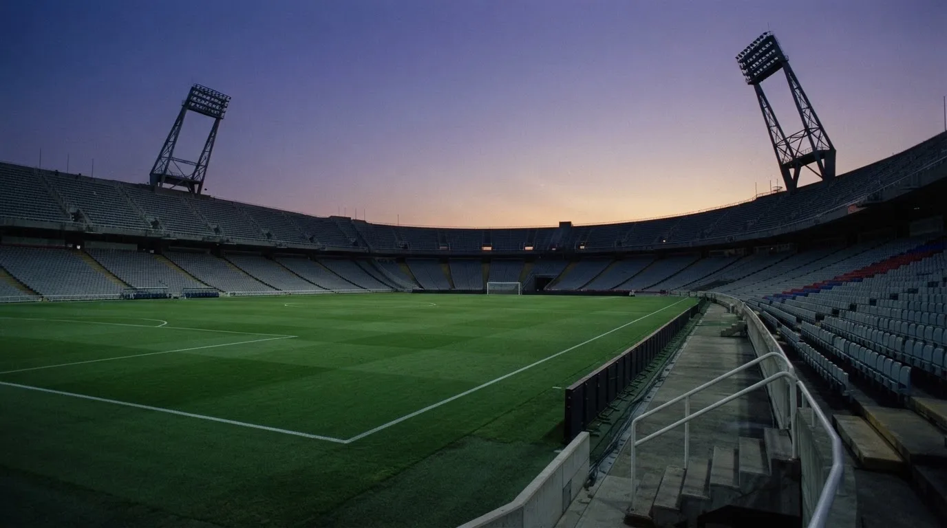 An empty football stadium with floodlight masts at dusk