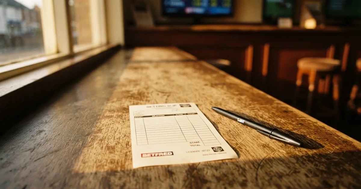A blank paper betting slip beside a pen on a wooden counter