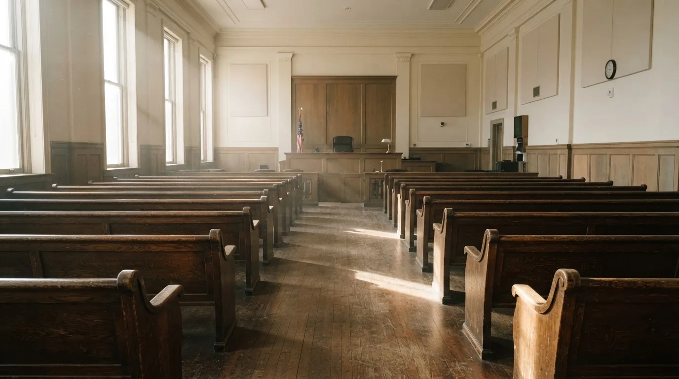 An empty courtroom with wooden benches in morning light