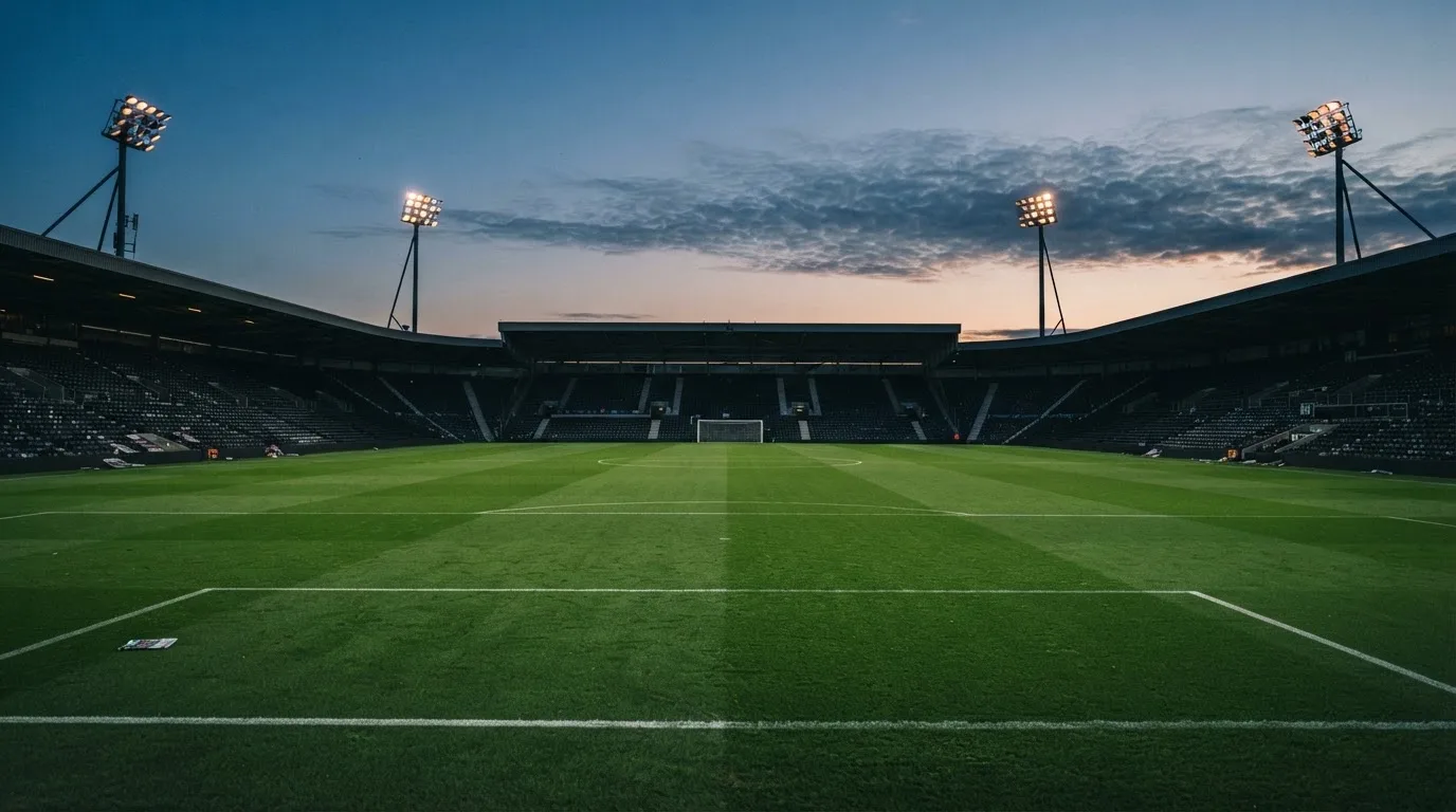 An empty football stadium with floodlight masts at dusk