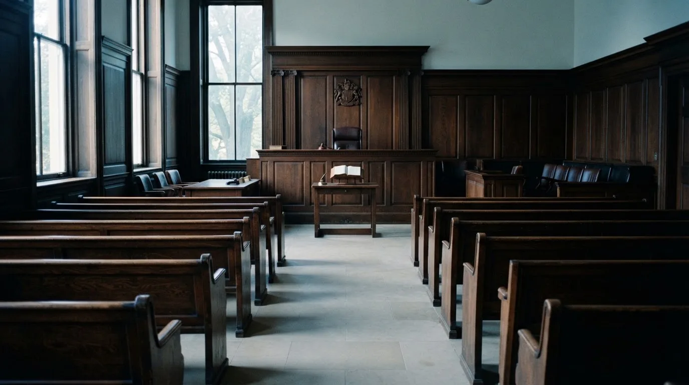 An empty courtroom with wooden benches in morning light
