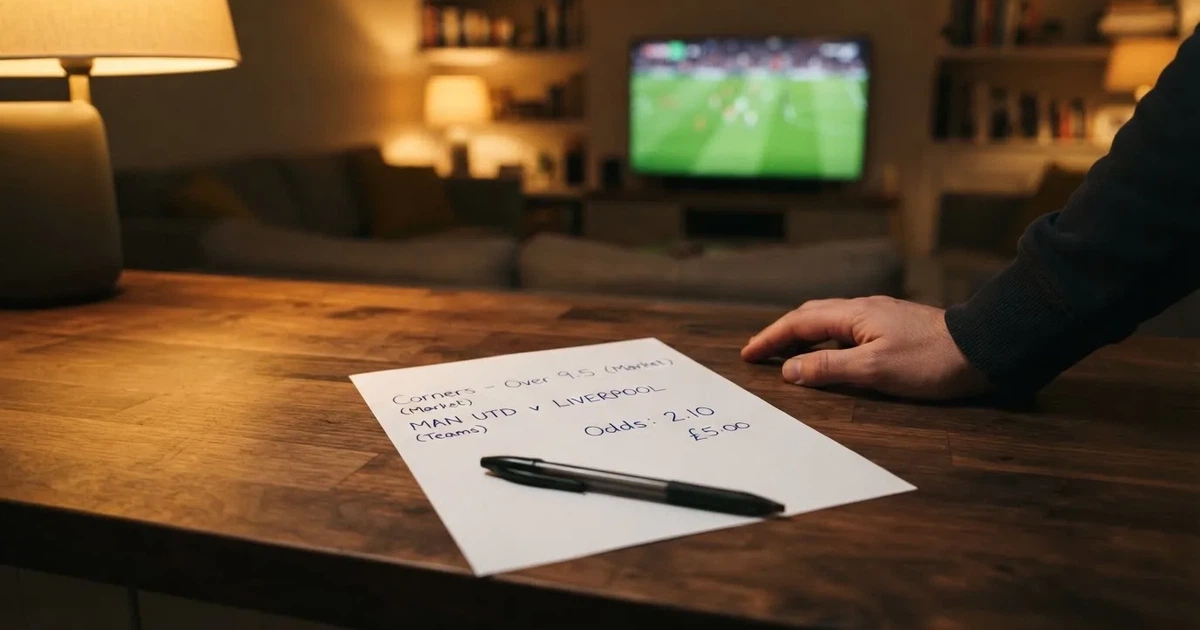 A blank paper betting slip beside a pen on a wooden counter