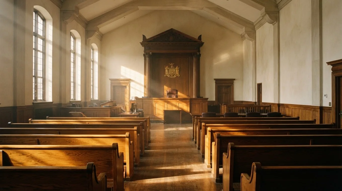 An empty courtroom with wooden benches in morning light