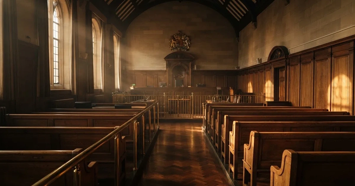 An empty courtroom with wooden benches in morning light