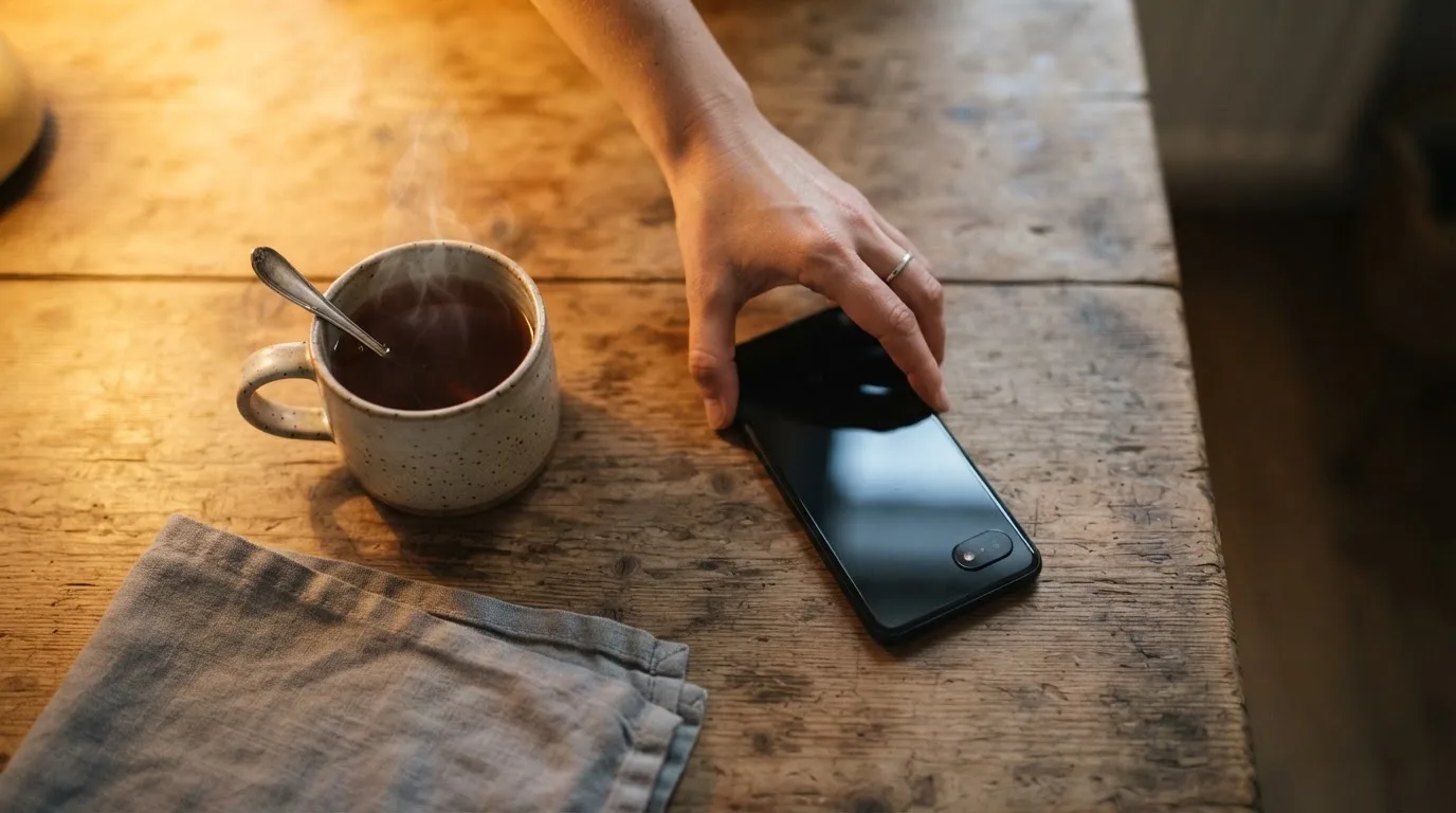 A hand setting a smartphone down beside a cup of tea on a kitchen table on a quiet evening