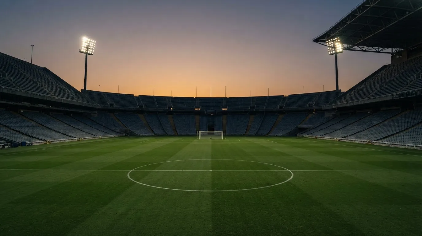 An empty football stadium with floodlight masts at dusk