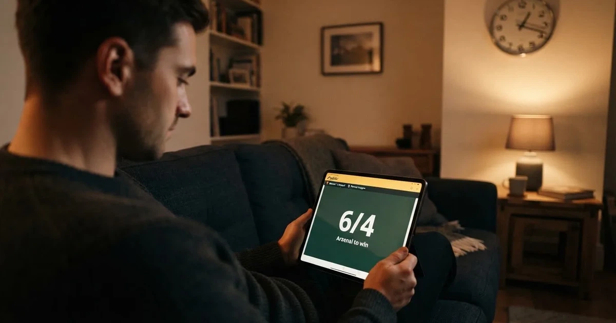 A person on a sofa looking thoughtfully at a tablet, a wall clock in the background