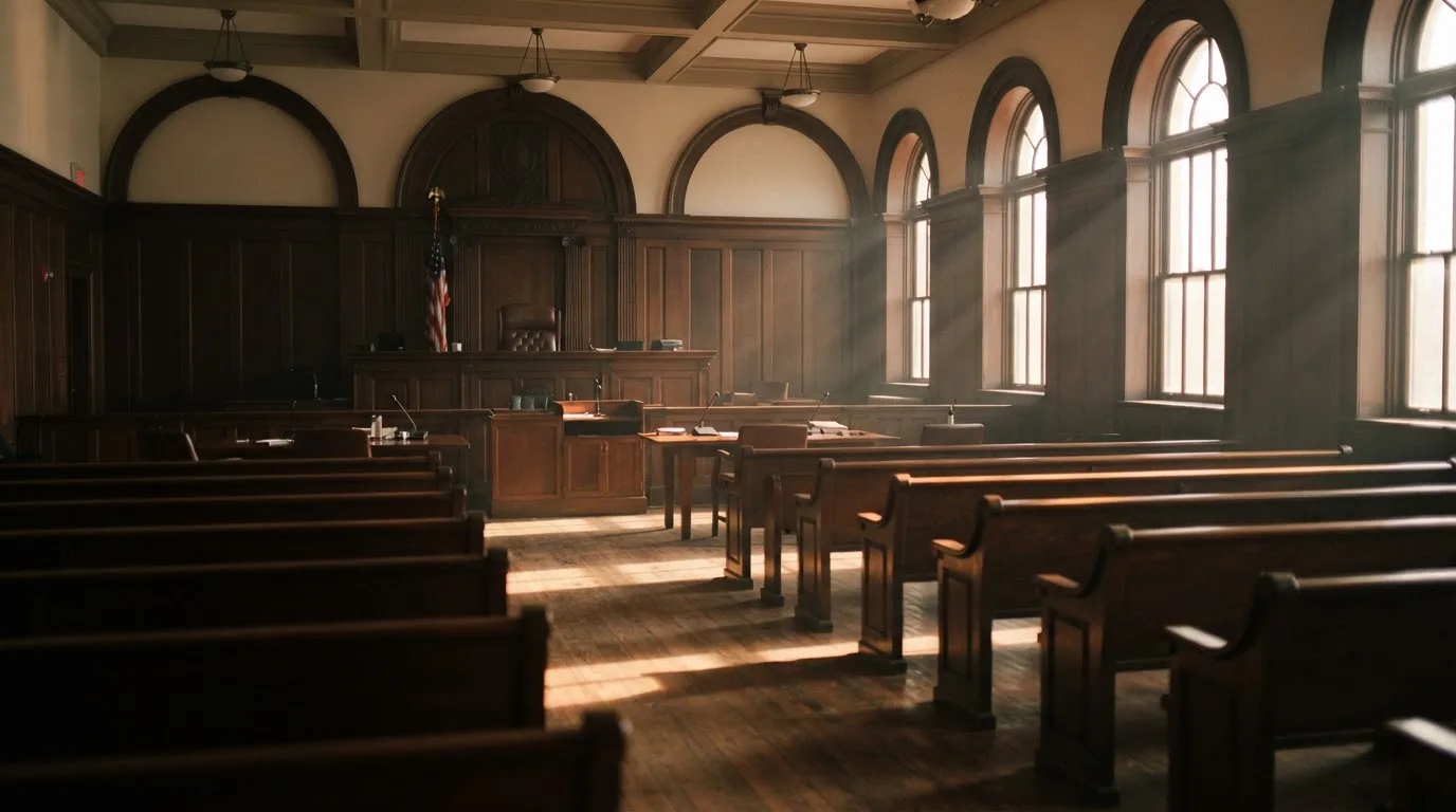 An empty courtroom with wooden benches in morning light
