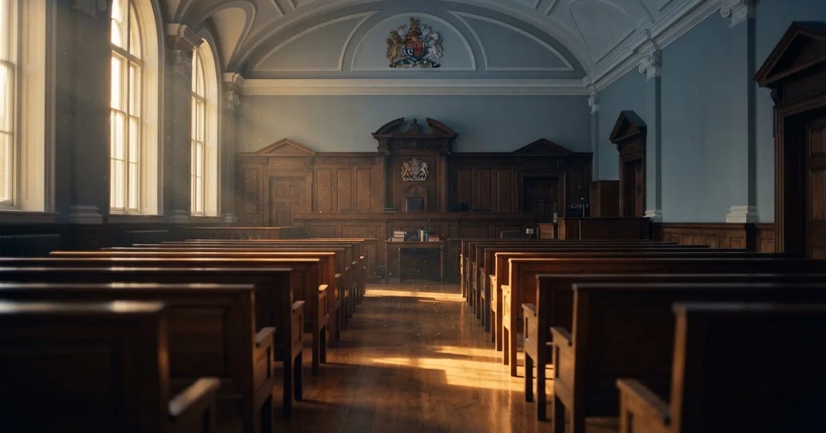 An empty courtroom with wooden benches in morning light