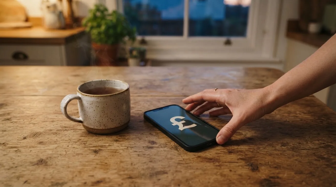 A hand setting a smartphone down beside a cup of tea on a kitchen table on a quiet evening