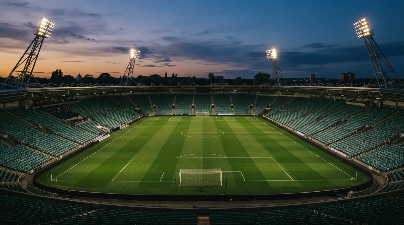 An empty football stadium with floodlight masts at dusk
