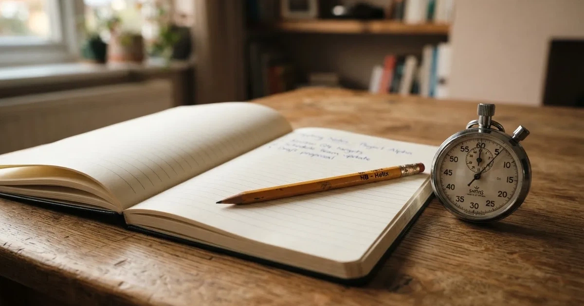 An open notebook with a pencil and a stopwatch on a wooden table