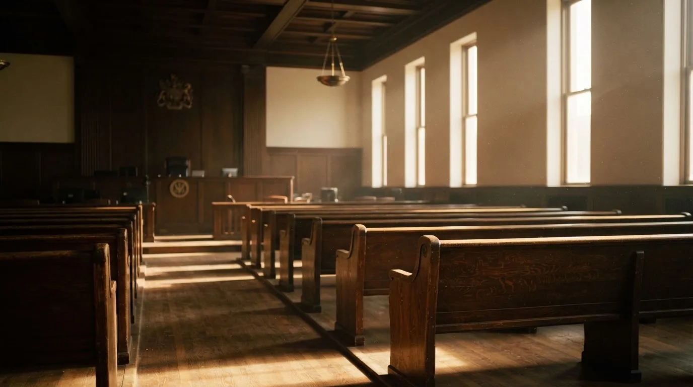 An empty courtroom with wooden benches in morning light
