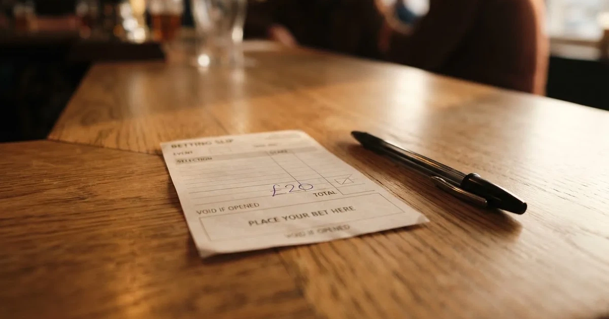 A blank paper betting slip beside a pen on a wooden counter