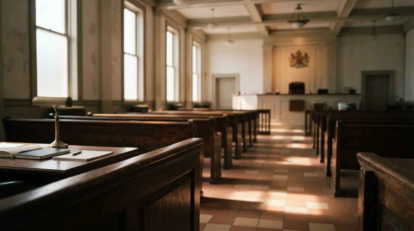 An empty courtroom with wooden benches in morning light