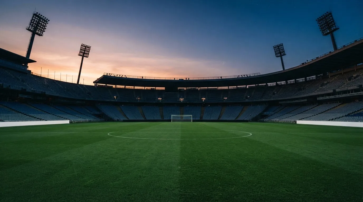 An empty football stadium with floodlight masts at dusk