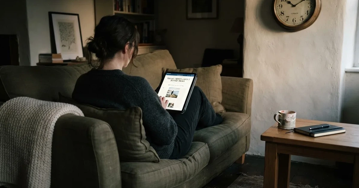 A person on a sofa looking thoughtfully at a tablet, a wall clock in the background