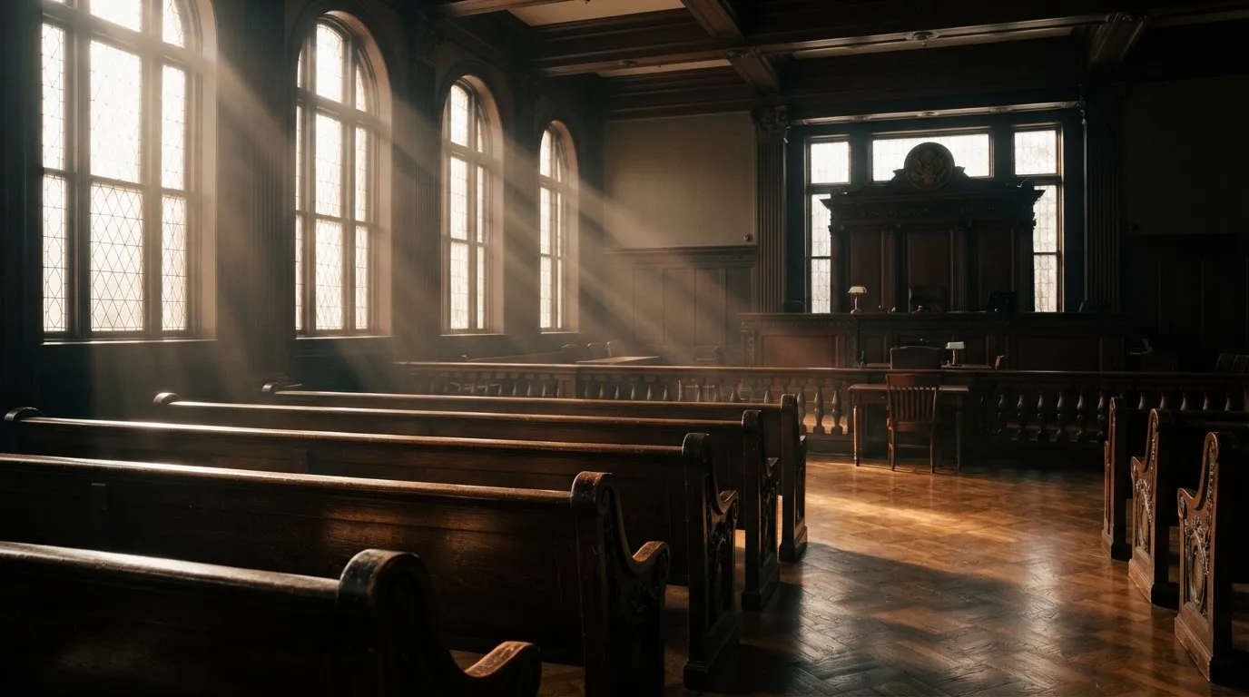 An empty courtroom with wooden benches in morning light