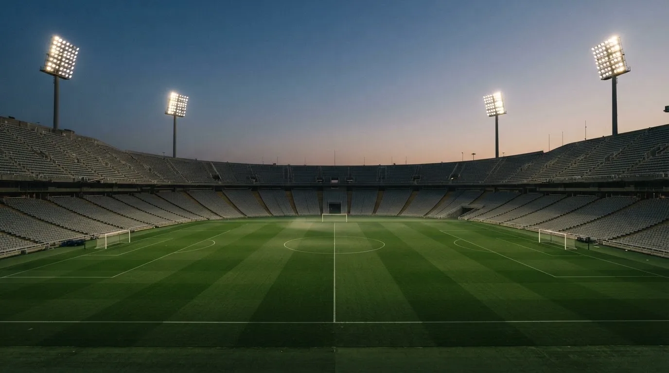 An empty football stadium with floodlight masts at dusk