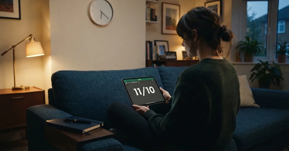 A person on a sofa looking thoughtfully at a tablet, a wall clock in the background